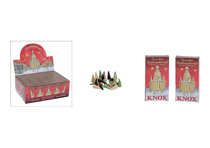 Knox incense cones 3cm, set of 24, in to one color box, dresdner christmas assortment, color box size, 6x13x2cm