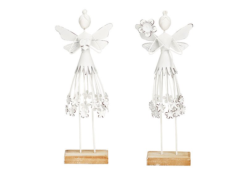 Stand fairy with flower, heart on wooden base of metal white 2-fold, (W/H/D) 12x30x5cm