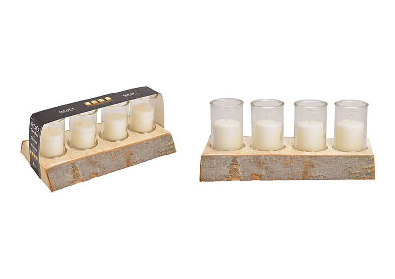 Windlicht Set, 4er auf Holz Sockel 29x12x4cm, Glas 6x8,5cm, Kerze 4,3x4,8cm Champagner (B/H/T) 29x14x12cm