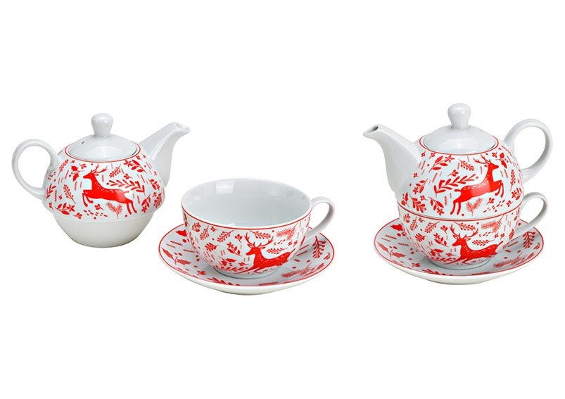 Teapot set deer decor porcelain red set of 3, (W/H/D) 16x15x15cm 400/200ml