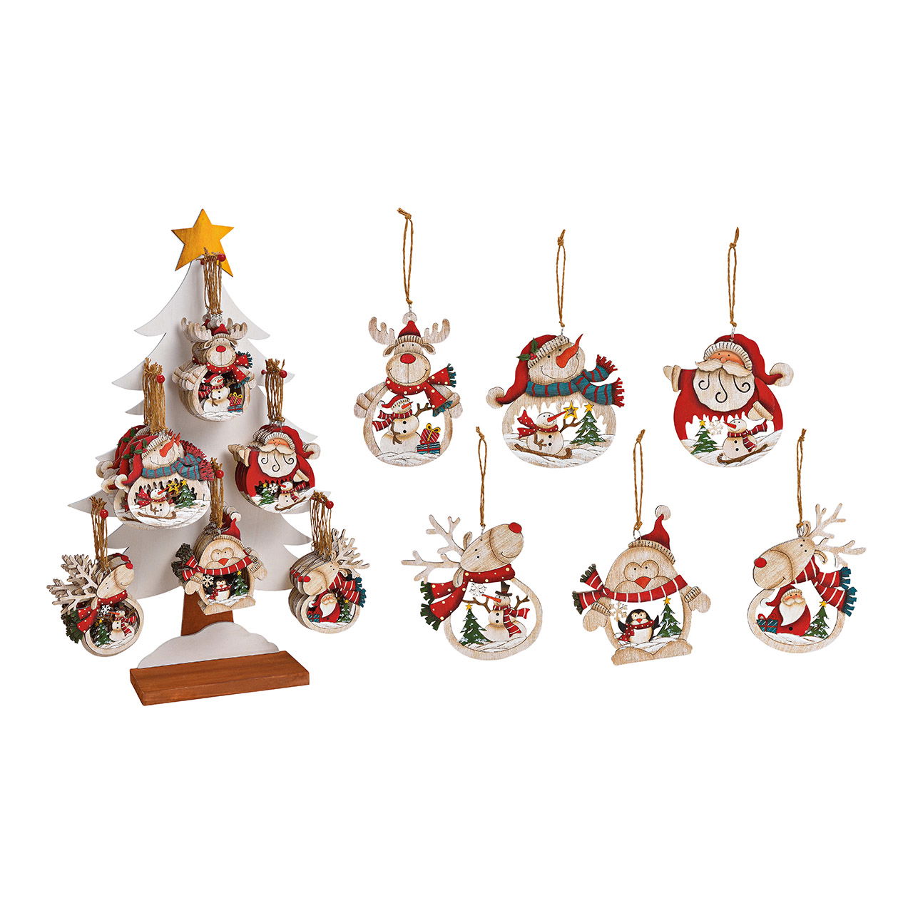 Kersthanger kerstman/mans/snowman/penguin op houten boomstandaard, 6 panelen, kleurrijk (B/H/D) 10x11x0.5cm/34x59x13cm Kersthanger kerstman/mans/snowman/penguin op houten boomstandaard, 6 panelen, kleurrijk (B/H/D) 10x11x0.5cm/34x59x13cm