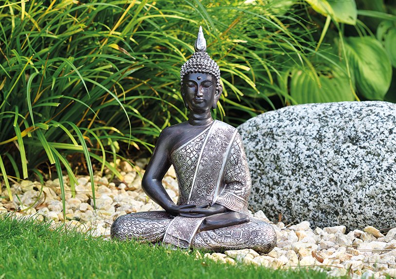 Boeddha zittend in zilver gemaakt van poly, 29 cm