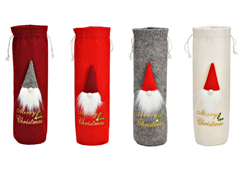 Borsa per bottiglie, decorazione di gnomo, Buon Natale, in feltro Bordeaux, rosso, bianco, grigio 4 pieghe, (L/H/D) 9x33x9cm