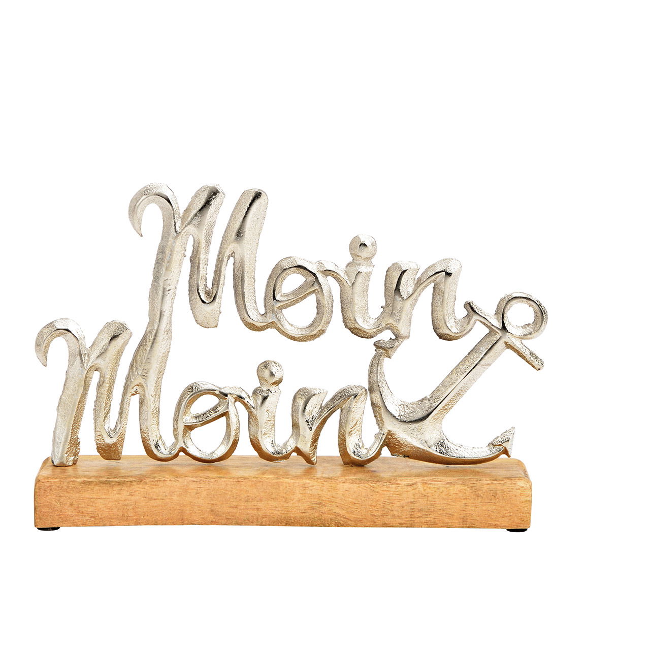 Espositore con scritte, Moin Moin, decorazione marittima, su base in legno di mango, in metallo argentato (L/H/D) 27x18x5cm