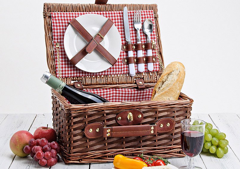 Picknickkorb für 2 Personen aus Weide, rot karriert, 11-teilig, (B/H/T) 36x18x25 cm