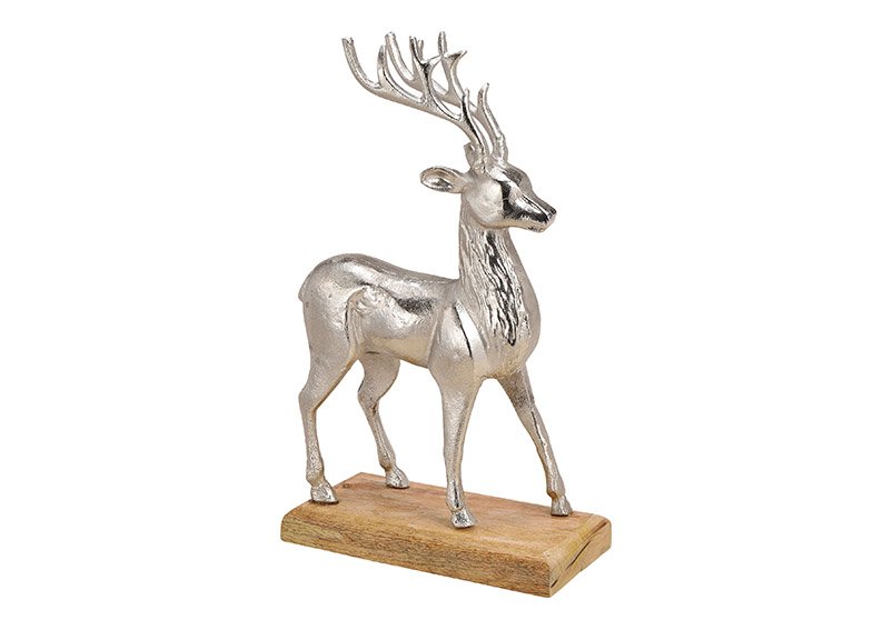 Deer made of aluminum on mango wood base silver (w / h / d) 28x47x10cm