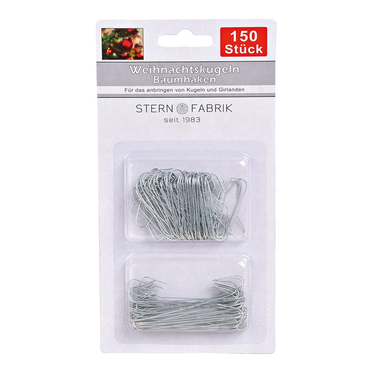 Suspensions pour boules de Noël, set de crochets pour arbre en métal argenté, 150 pièces, (L/H/P) 5x10x1cm Suspensions pour boules de Noël, set de crochets pour arbre en métal argenté, 150 pièces, (L/H/P) 5x10x1cm