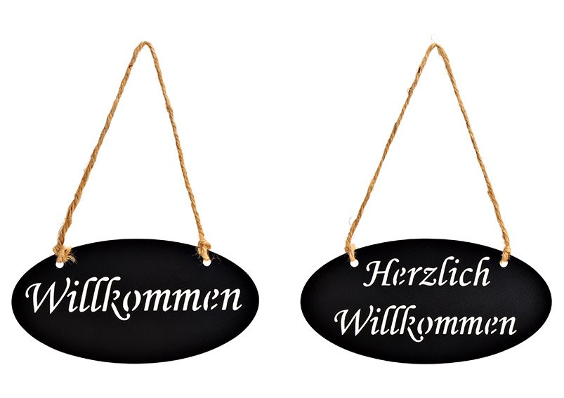Accroche, Bienvenue, Herzlich Willkommen, en métal noir 2 fois, (L/H) 20x10cm