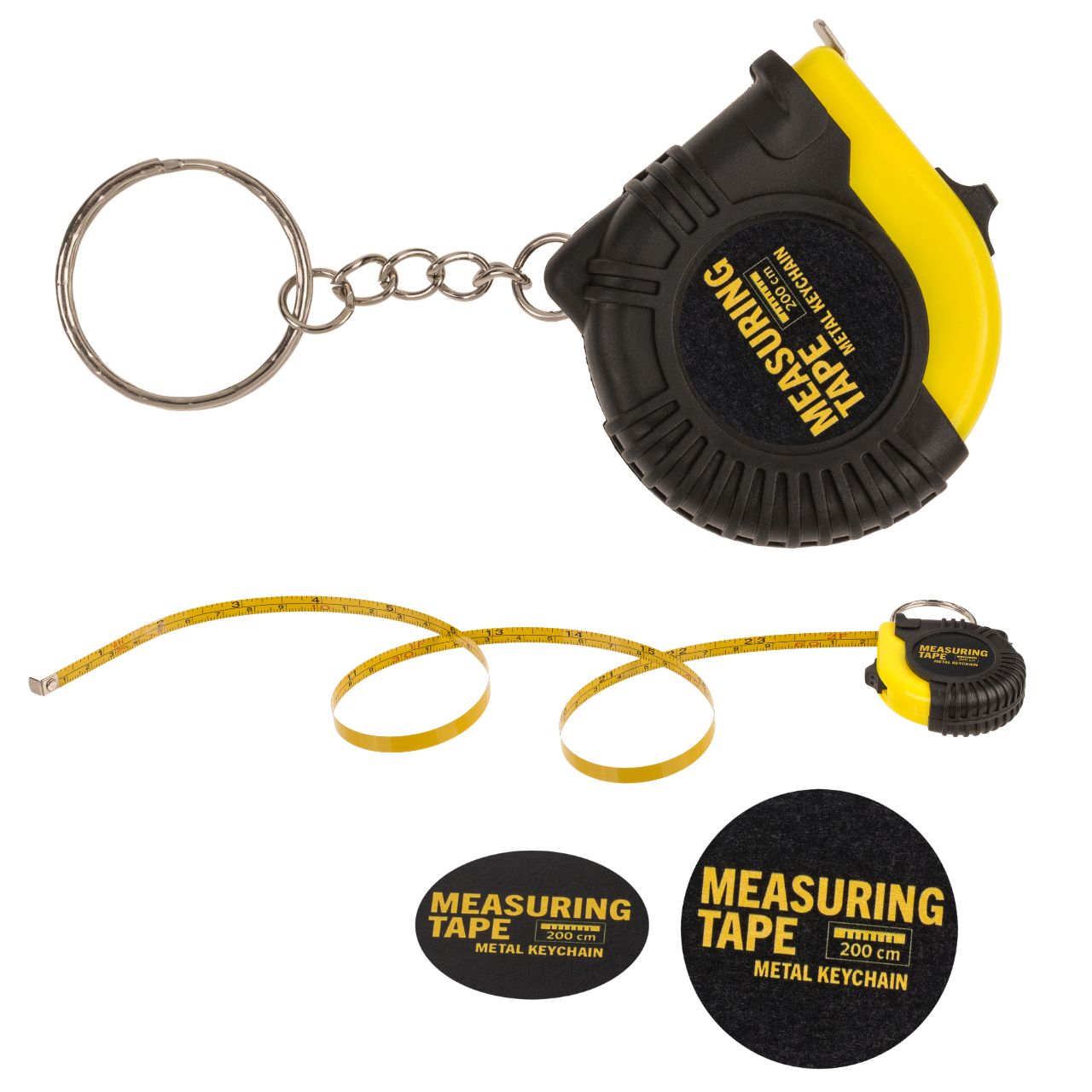 measuring tape, metallischer schlüsselanhänger, fold ruler?, maßband, gelb schwarz