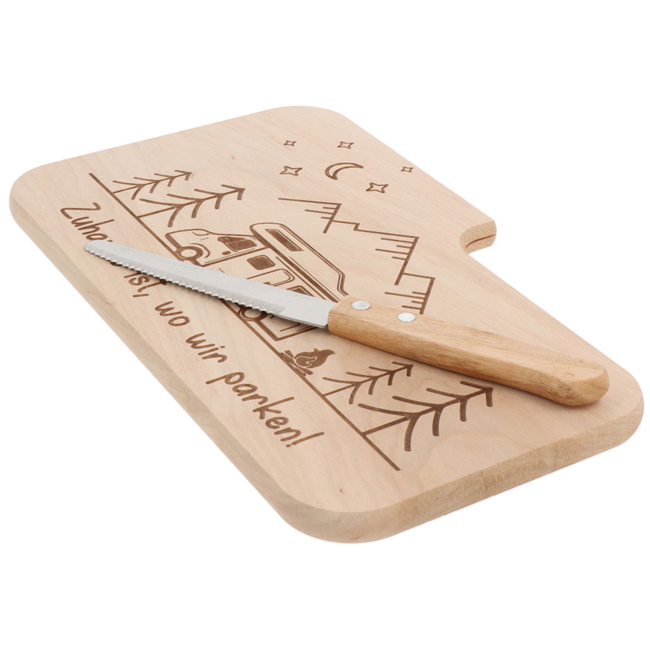 Tabla para cuchillos con motivo de camping ``Home is where we park`` de madera, natural (An/Al/Fo) 26x1x15cm