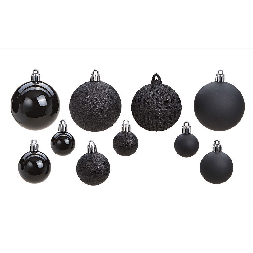 Weihnachtskugeln aus Kunststoff, 100er-Set, Schwarz Ø3/4/6cm (B/H/T) 35x23x12cm