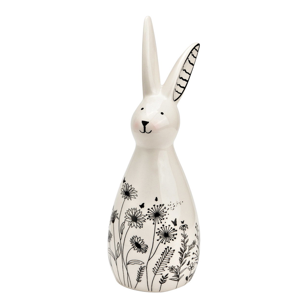 Lapin avec décor de prairies fleuries en céramique noire, blanche (L/H/P) 6x18x8cm