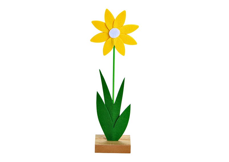 Fleur sur socle en bois en feutre jaune (L/H/P) 10x32x5cm