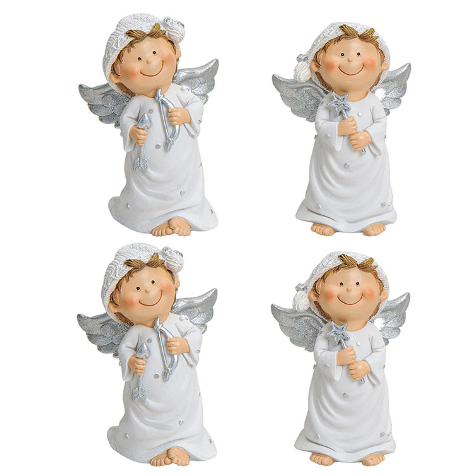 Ángel de poliéster, 4 colores surtidos, blanco/plateado (ancho/alto/plateado) 6x10x4 cm Puppe, Spielzeug, Figur, Gesicht, Person