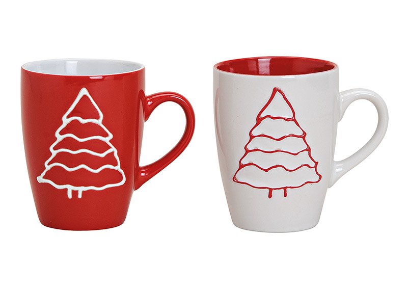 Mug, with xmas tree design, white and red, made of ceramic, 2 asst. (b/h/t) 11x10x8cm