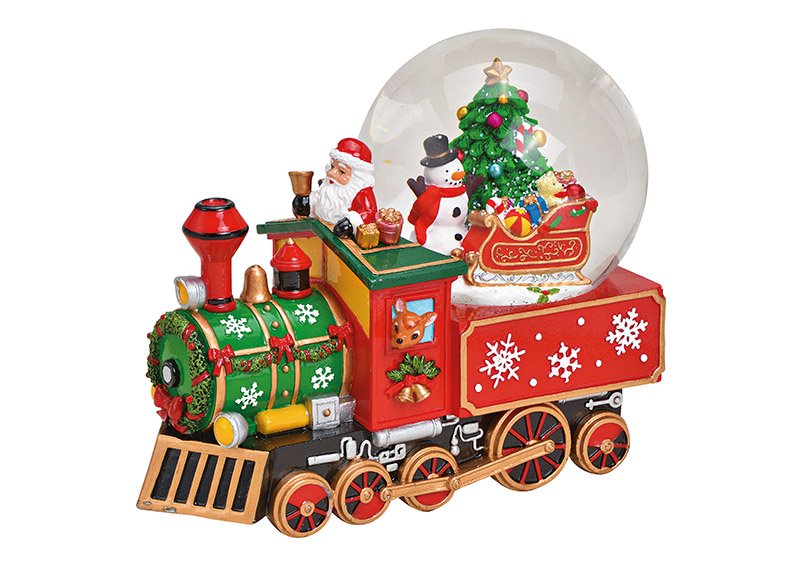Scatola musicale, globo di neve con musica, locomotiva di Babbo Natale, poli, colorato (w/h/d) 25x21x14cm