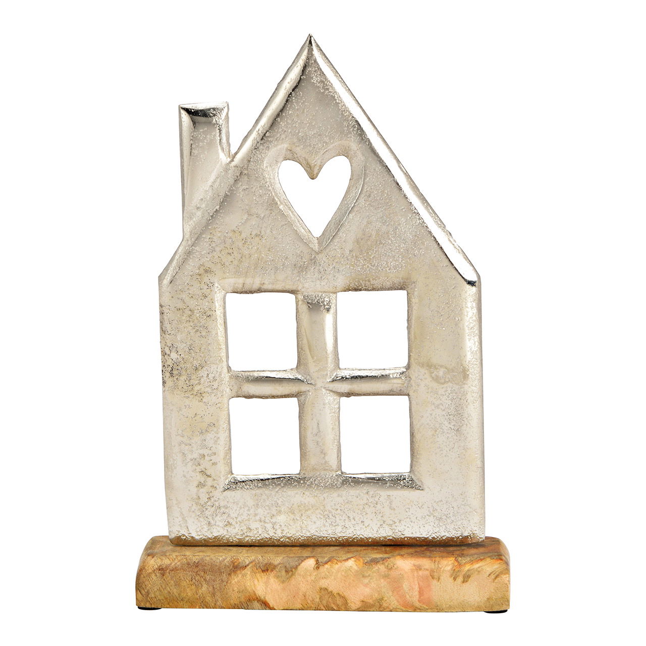 Aufsteller Haus, auf Mangoholz Sockel, aus Metall silber (B/H/T) 17x28x5cm