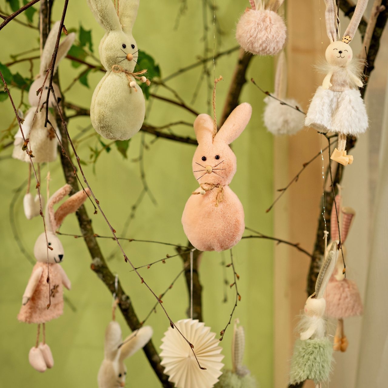 Suspension lapin en textile vert, rose, blanc 3 fois, (L/H/P) 8x20x3cm