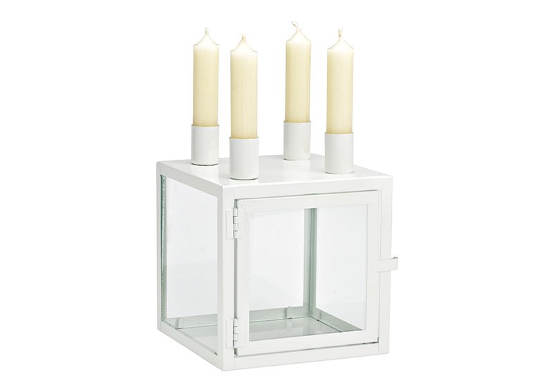 Adventskranz, Kerzenhalter auf Box aus Metall/Glas weiß (B/H/T) 15x19x15cm