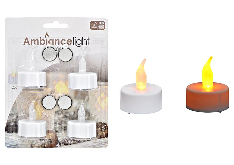 Bougies à chauffe-plat Set LED scintillant, avec minuterie, 4X CR2032 3V incl. Set de 4, en plastique blanc Ø3,8cmx1,8cm