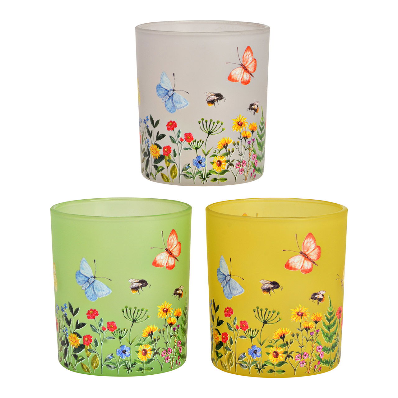 Windlicht Blumen/Schmetterling Dekor aus Glas, 3-fach, Gelb/Rosa/Grün (B/H/T) 9x10x9cm Pokal