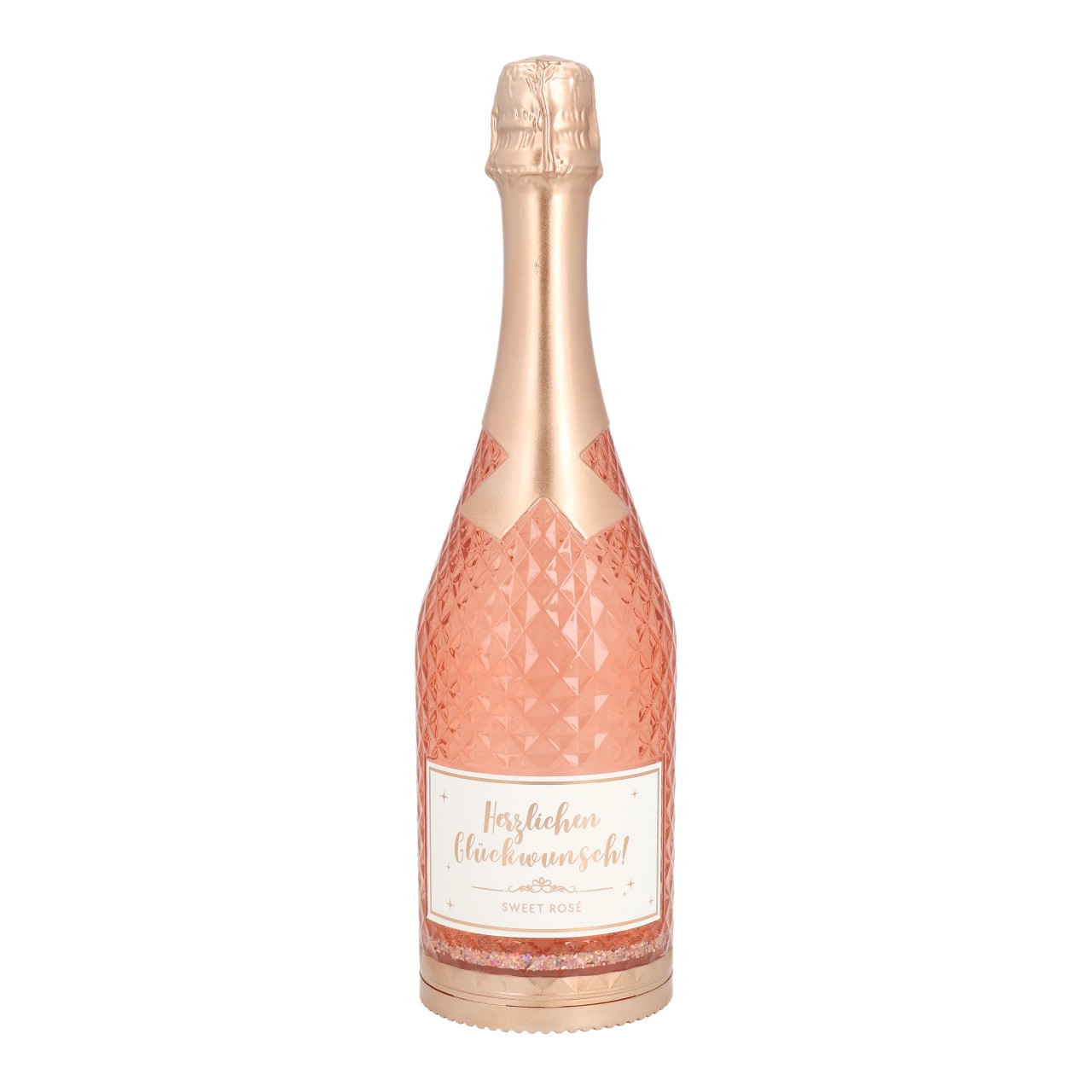 Bouteille de champagne avec lumière LED et tourbillon scintillant, en plastique or rose (L/H/P) 9x32x9cm excl. 3xAAA Sekt, Flasche, Rose, Glasur?, kristallmuster, Sektflasche, Champagnerflasche, Rosé, Diamantstruktur, Glitzeretikett