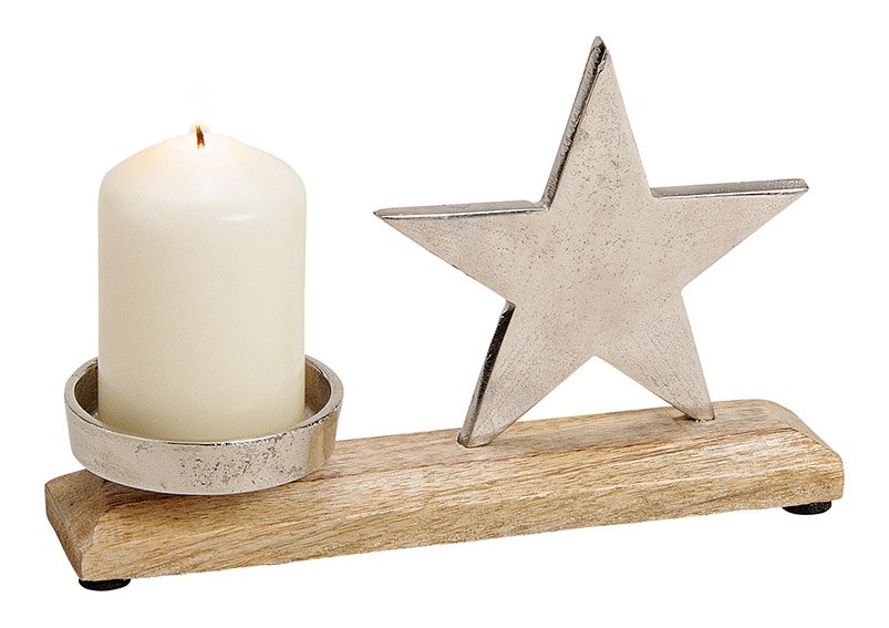Candeliere in metallo, legno di mango decorazione stella argento (w/h/d) 23x16x5cm