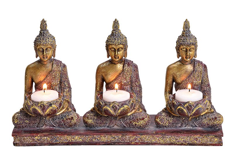 Tealight holder Buddha per 3 tealights in poli multicolore, glitter oro (w/h/d) 29x17x8cm