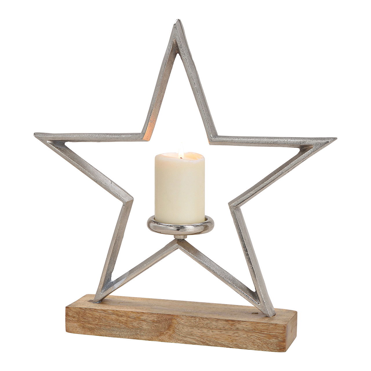 Candleholder star metal mangowood base silver, 42x43x8cm