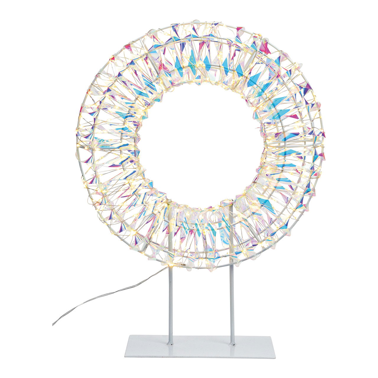Présentoir couronne lumineuse sur socle métallique 400 LED micro chaudes, adaptateur IP44, 4.5V en plastique blanc irisé (L/H/P) 33x44x11cm