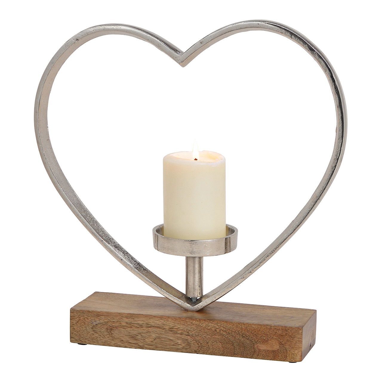 Cuore di candela in alluminio su base di legno di mango argento (L/H/D) 34x35x8cm