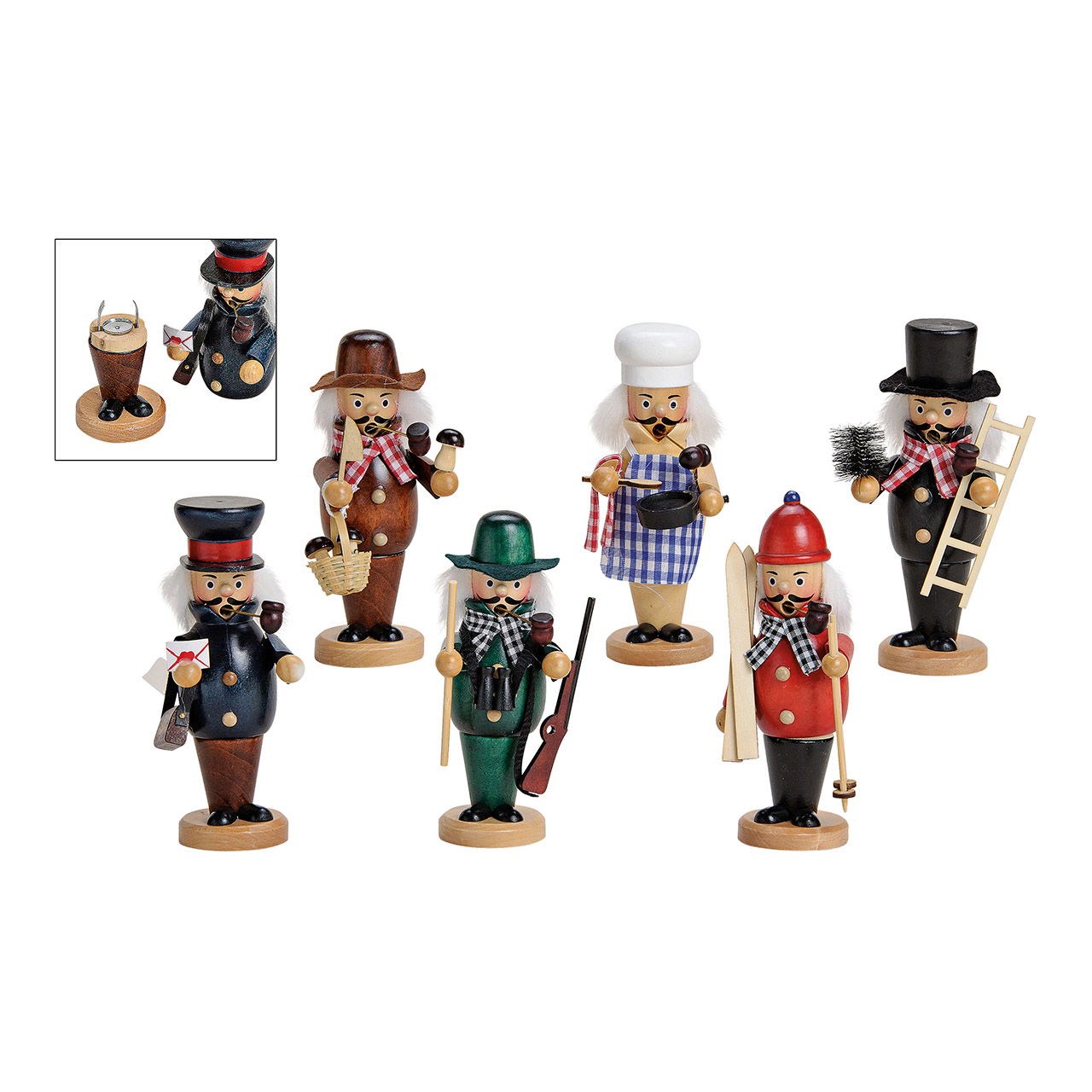 Räuchermannfiguren aus Holz Bunt 6-fach, (B/H/T) 7x16x7cm Räuchermannfiguren aus Holz Bunt 6-fach, (B/H/T) 7x16x7cm