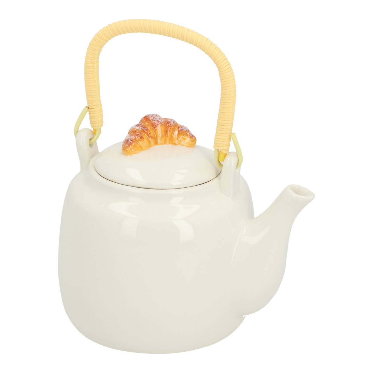 Kleine Teekanne, Weißer Kannenstil, Kuchen-/Croissant-Deckel, Korbgriff, Kunststoffteekanne