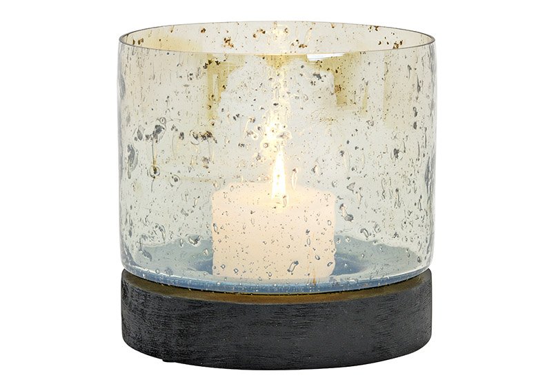 Windlicht, Kerzenhalter auf Mangoholz Sockel, aus Glas transparent (B/H/T) 17x17x17cm