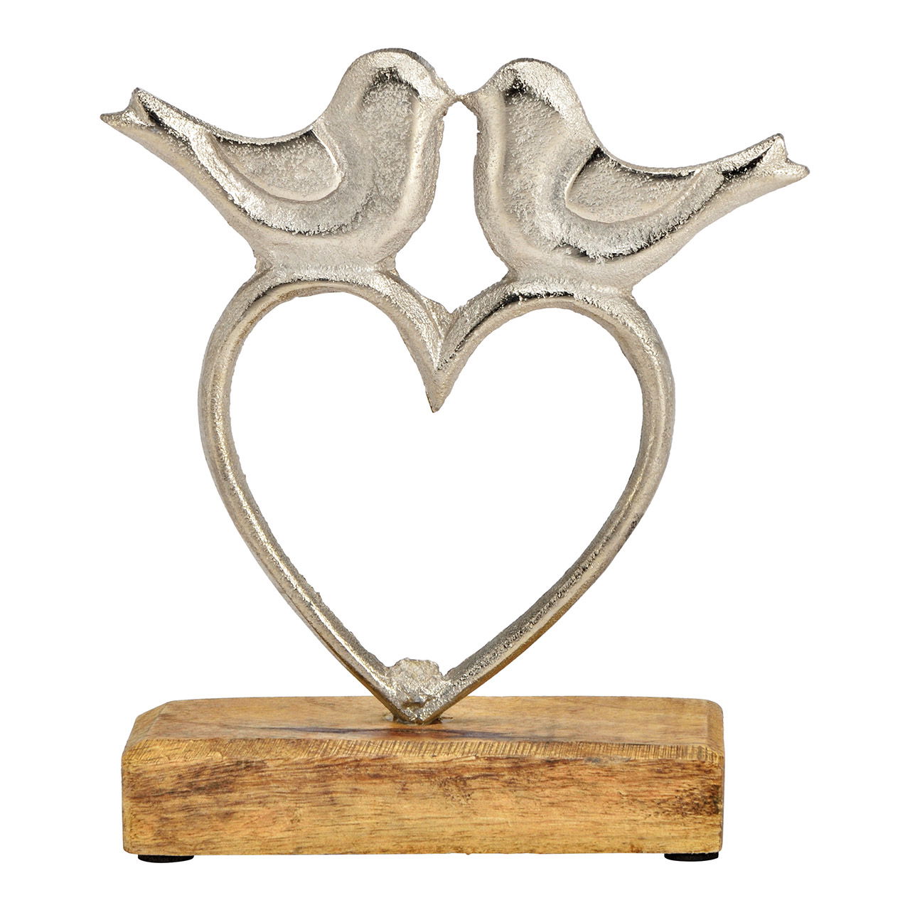 Stand heart bird decor on mango wood base, made of silver metal (W/H/D) 15x17x5cm