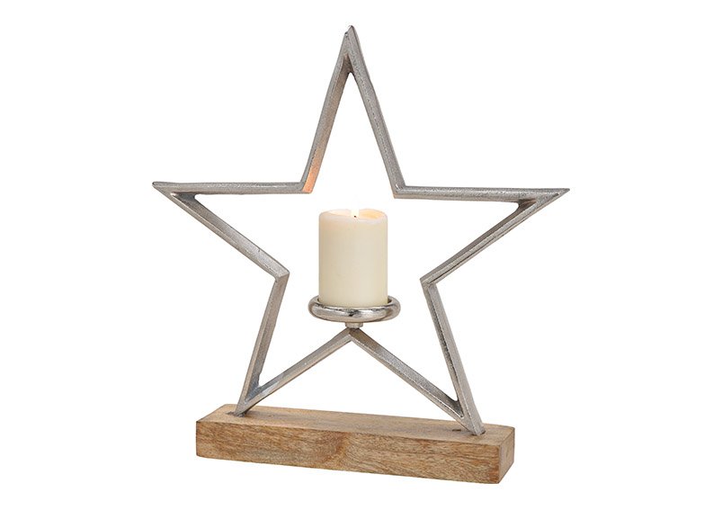 Candelabro estrella de aluminio sobre base de madera de mango plata (c/h/d) 42x43x8cm