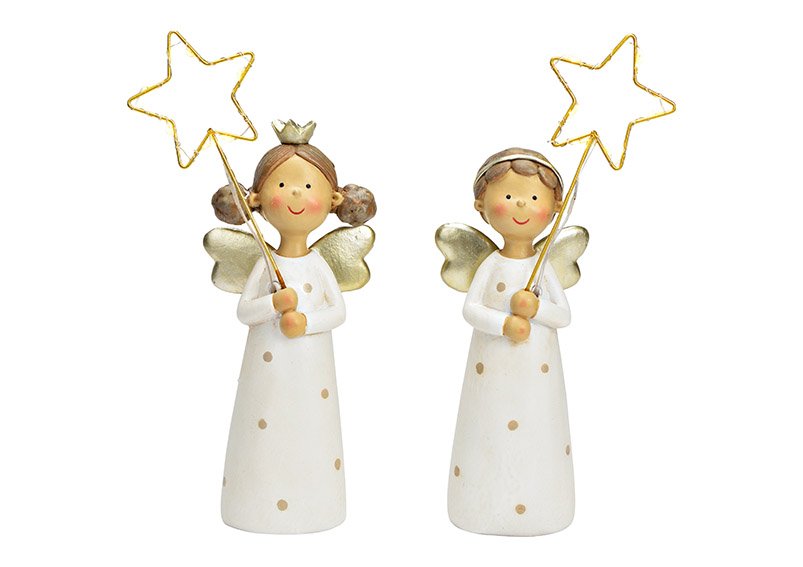 Angel with LED star of poly gold 2-fold, (W/H/D) 7x23x5cm