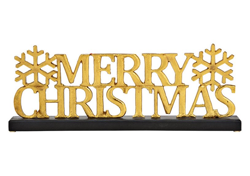 Aufsteller Schriftzug, Merry Christmas, auf Mangoholz Sockel, aus Metall Gold, schwarz (B/H/T) 46x17x5cm