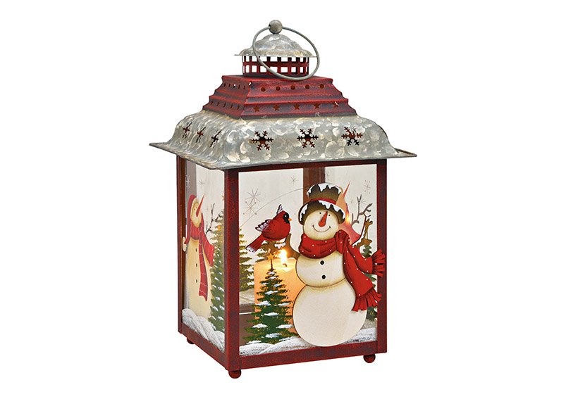 Lantern snowman decor, hand-painted made of metal, glass red (w / h / d) 23x38x23cm