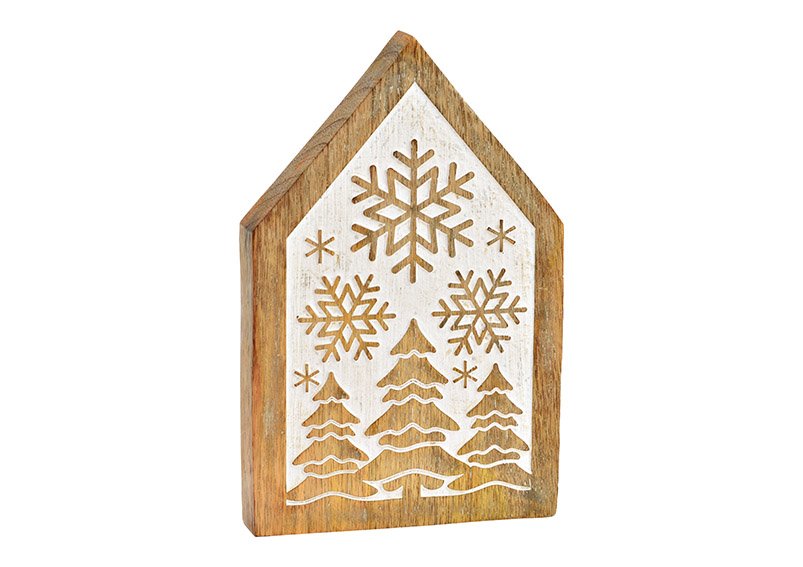 Aufsteller Haus, Schneeflocke Dekor aus Mangoholz natur, weiß (B/H/T) 13x20x2cm