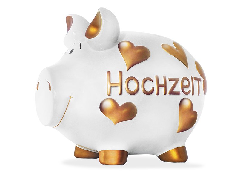 Spardose KCG Monster-Schwein Hochzeit, mit goldenen Herzen LUX, aus Keramik (B/H/T) 30x25x25 cm