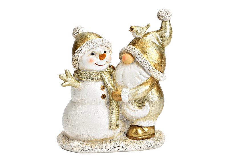 Gnome with snowman made of poly gold (W/H/D) 10x12x6cm