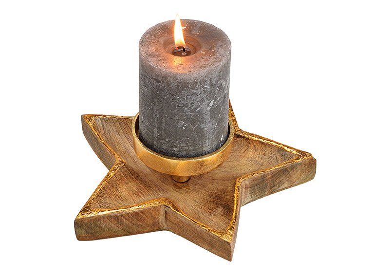 Bougeoir étoile en bois de manguier, métal brun, or (L/H/P) 20x7x20cm