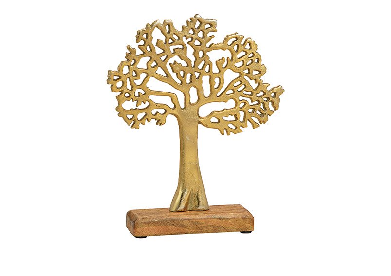 Aufsteller Baum aus Metall auf Mangoholz Sockel Gold, braun (B/H/T) 22x27x5cm