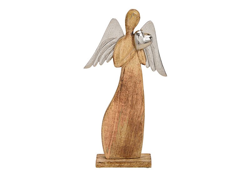 Angel with metal wings, wooden heart brown (w / h / d) 22x42x6cm