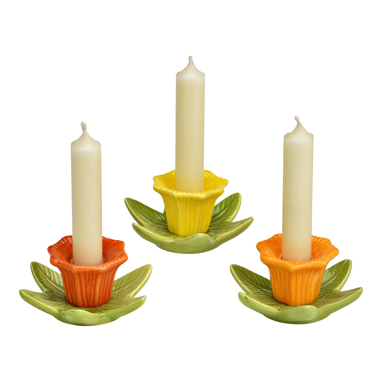 Portavelas en forma de flor de cerámica, 3 pliegues, naranja/amarillo (A/A/A) 10x9x5cm Teelicht, Teelichthalter, Kerze, Kerzenhalter, Blätter-Design