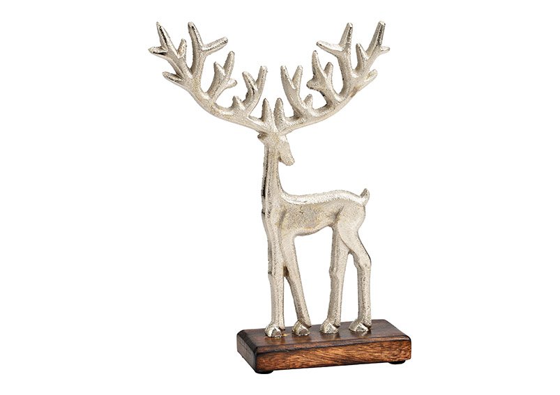 Stand deer on mango wood base of metal silver (W/H/D) 16x22x4cm