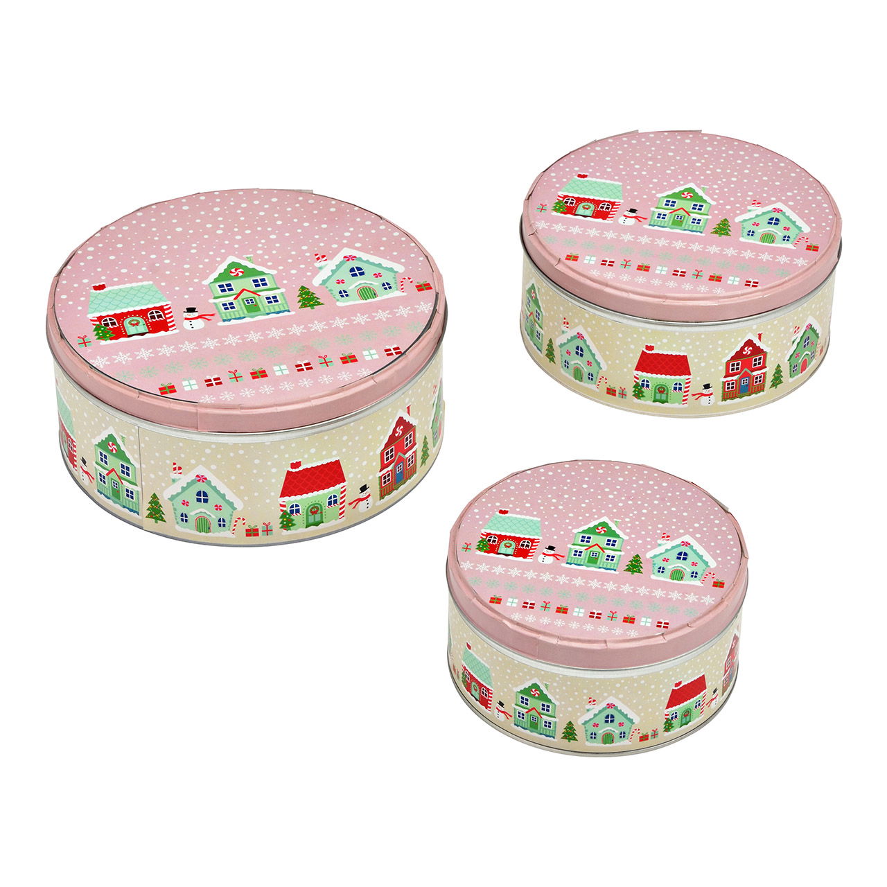 Dosen-Set rund Stadthaus im Winter 3-er Set, aus Metall pink/rosa (B/H/T) 19x8x19cm, 17x7x17cm, 14x6x14cm