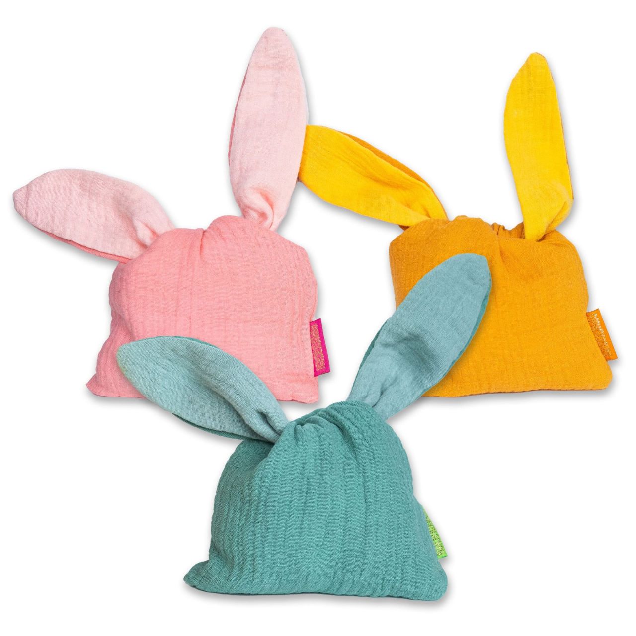 Hase Spielzeug, weiches Gewebe, geknotete Schnur, bunte Farben, handgefertigter Look