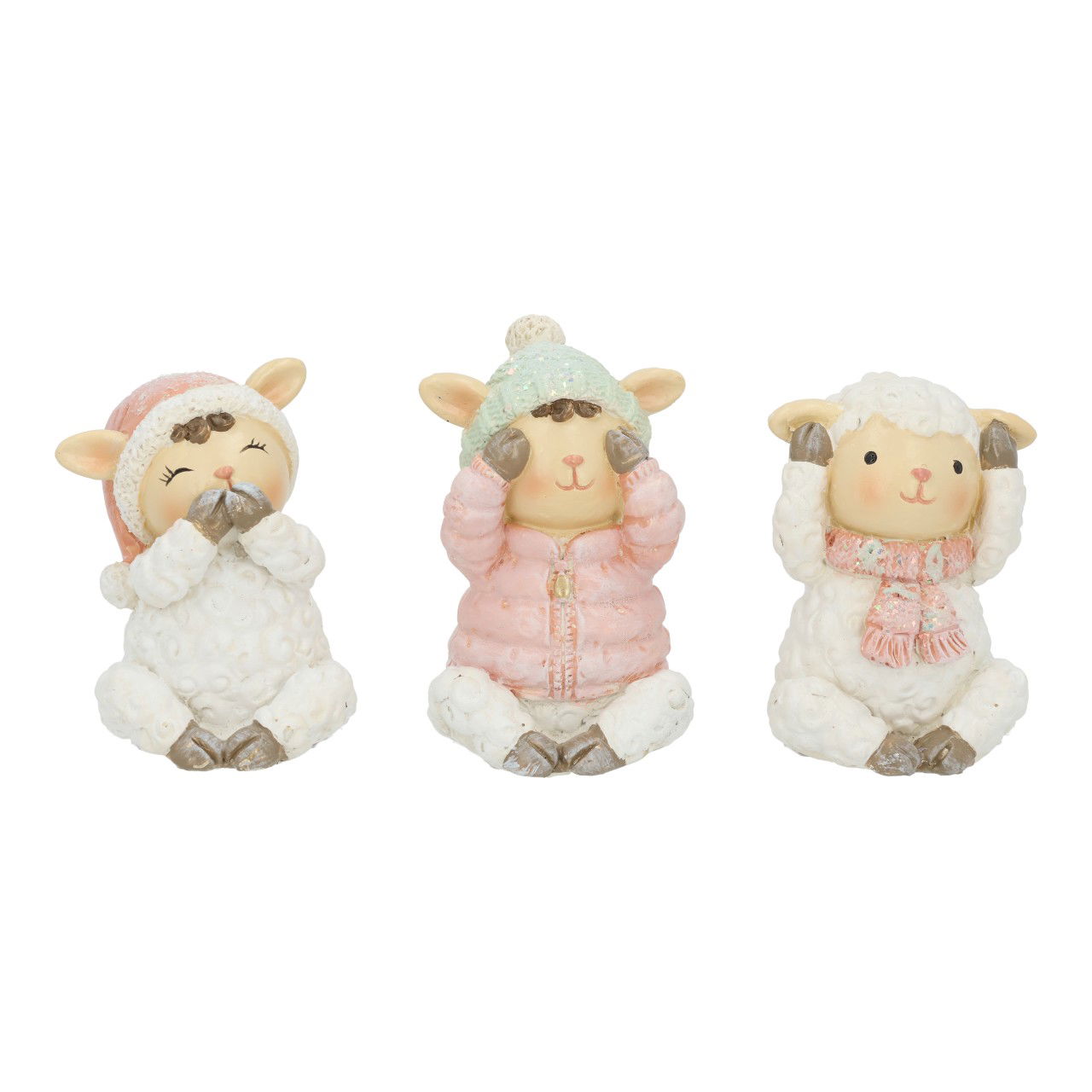 Mouton d'hiver, n'entend pas, ne voit pas, ne parle pas, en poly Coloré 3 fois assorti (L/H/P) 5x7x5cm Spielzeug, Puppe, Figur